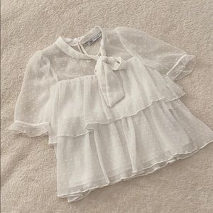 Zara | Sheer White Ruffle Top w/ Ribbon Neck Tie